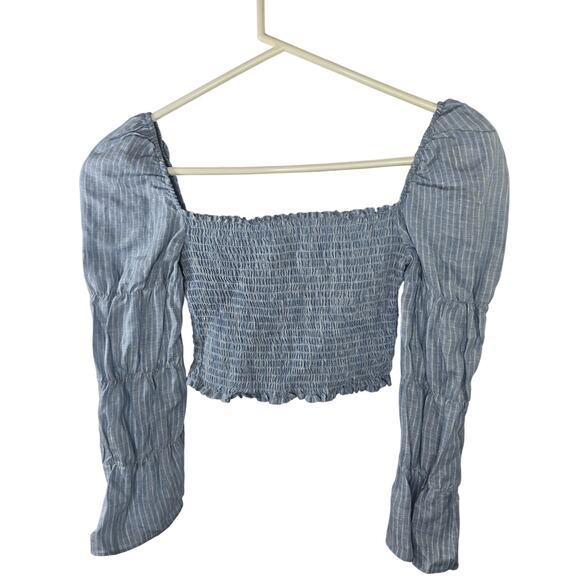 Reformation Maple Linen Blue Smocked Peasant Puff Sleeve Crop Blouse Size Large - Picture 8 of 8